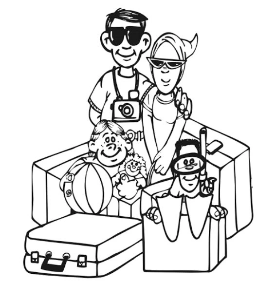 Family coloring book with holiday suitcases